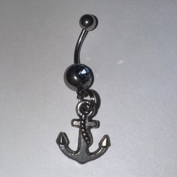 Small Anchor with Light Blue Gem Dangle Belly Ring - Picture 5 of 13
